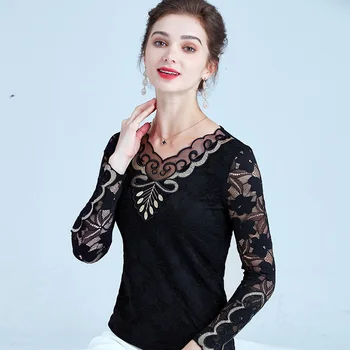 Novo leto 2020 Pomlad dolg rokav lace majica Fashion priložnostne votlih iz Vezene Ženske bluzo Elegantno vitek mozaik rokavi ženske