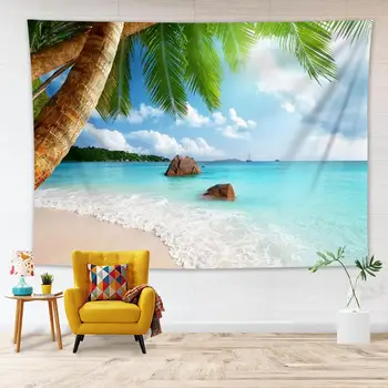 Ocean Beach Krajine, Tapiserija, Tropski Otok Palm Tree Listi Steni Visi Tapiserija, Zavese Dom Dekor Plaža Mat Prt