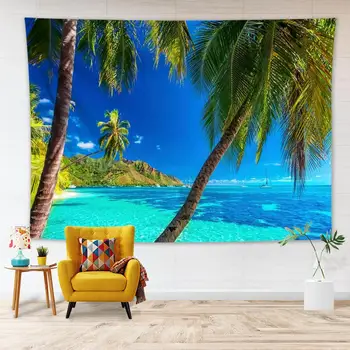 Ocean Beach Krajine, Tapiserija, Tropski Otok Palm Tree Listi Steni Visi Tapiserija, Zavese Dom Dekor Plaža Mat Prt