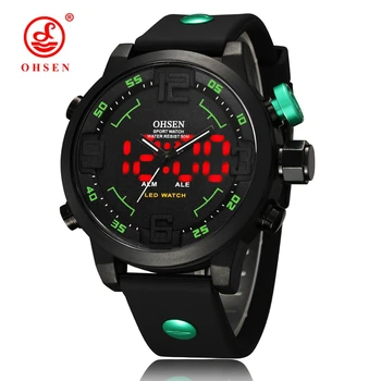 OHSEN Digitalni LCD Quartz Mens Moda Pazi Darilo Štoparica Zeleni gumb za Izbiranje gumico Vojaške Prostem ročno uro Relogio masculino