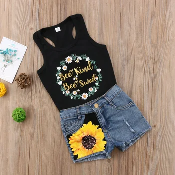 Otroci Baby Girl Obleke Obleke Cvetlični T-shirt Vrhovi + Sončnično Denim Jeans Hlače, kratke Hlače Komplet