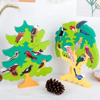 Otrok Lesene Zlaganje Igrače Otroci DIY Ptico Drevo Puzzle Montessori Izobraževalne Igrače Ptica Priznanje Oblike Ujemanja Sestavljeni Igrača