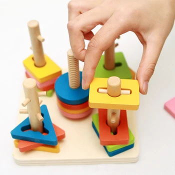 Otroške Lesene Igrače Materialov Izobraževalne Geometrija 5 Steber Ujemanje Barvne Oblike Lesene Igrače