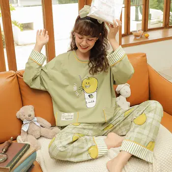 Pajama Določa Ženske Sladka Jesen Pomlad Osnovne Mehko Dnevno Dekleta 2 Kosa Pijamas Korejski Moda Priljubljenih Ženskih Sleepwear Salon Obrabe