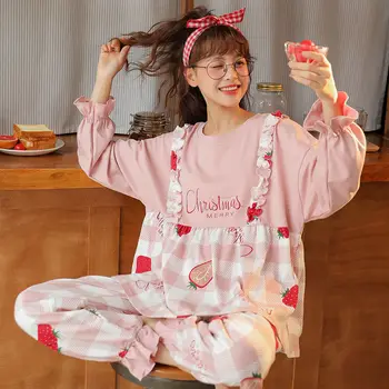 Pajama Določa Ženske Sladka Jesen Pomlad Osnovne Mehko Dnevno Dekleta 2 Kosa Pijamas Korejski Moda Priljubljenih Ženskih Sleepwear Salon Obrabe