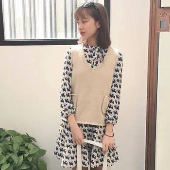 Plesti pulover waistcoat brezrokavnik ženske jeseni novi korejski kolegij slog svoboden študent v-vratu jopica telovnik puloverju v vratu brez rokavov
