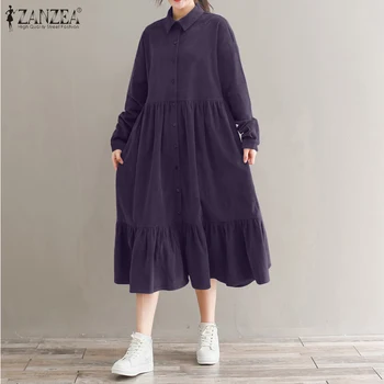 Plus Velikost Ženske Jeseni Sundress 2021 ZANZEA Elegantno Velvet Obleko z Dolgimi Rokavi Ruffle Majica Vestidos Ženski Gumb Sredi Tele Robe