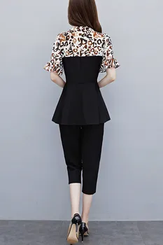 Poletje OL Dva Kosa iz Ženske Plus Velikost 5xl Leopard Moda Mozaik Tunika Čipke Vrhovi + Hlače Nastavite bo Ustrezala korejski Delovne Obleke