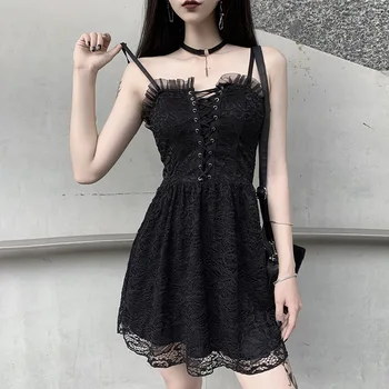 Poletje Čipke Vintage Obleko Špageti Trak Ženske Seksi Črna Mini Obleka Gothic Ulične Ruffle Votlih Iz Povoj Obleko Vestidos