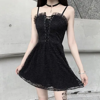 Poletje Čipke Vintage Obleko Špageti Trak Ženske Seksi Črna Mini Obleka Gothic Ulične Ruffle Votlih Iz Povoj Obleko Vestidos