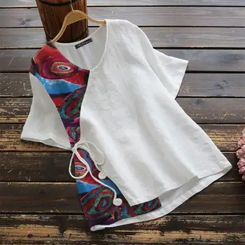 Poletne Majice Plus Velikost Tunika Vrhovi ZANZEA 2021 Elegantne Ženske Cvetlični Bluzo Priložnostne Tiskane Majice Ženske O Vratu Blusas Srajca