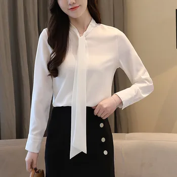 Pomlad 2021 Moda Za Ženske Bluzo Z Dolgimi Rokavi Trak Lok Šifon Ženske Majice Korejskem Slogu Temperament Poslovno Obleko, 1373