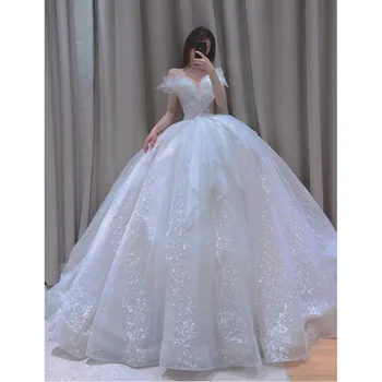 Poročna Obleka 2021 brez Rokavov Seksi Proti-vrat Poročni Obleki Z Vlakom Žogo Obleke Princess Luksuzni Vestido De Noiva