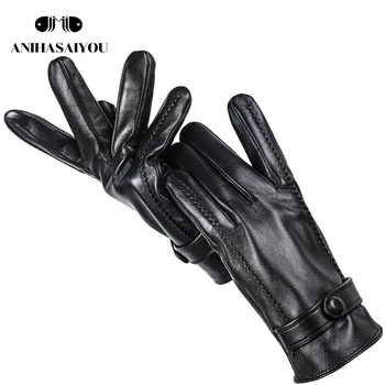 Preprost moške usnjene rokavice Proge na obeh straneh dotik rokavice,blagovne Znamke ovčje kože za moške rokavice,topla zima rokavice za moške -2013
