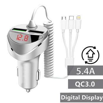 QC 3.0 Quicl USB Avtomobilski Telefon, Polnilnik Z 3in1 Tip C Micor Kabel USB 12V24V LED Napetost Monitor Vtičnico Cigaretnega Vžigalnika Splitter