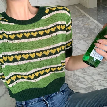 Qiukichonson poletje kratkimi rokavi, puloverji za ženske letnik Avokado zeleno srce vzorec knitted zgornji del pridelka dame pleteninah skokih