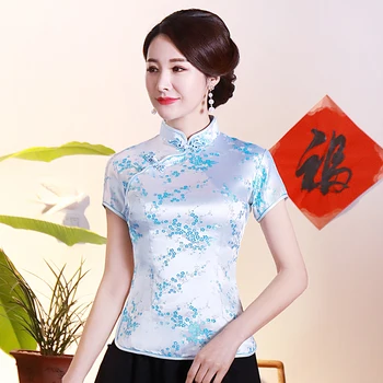 Rajon Ženske Bluzo Cvet Cheongsam-vrhovi Mandarin Ovratnik Tradicionalnih Kitajskih Oblačil Vintage Gumb Majica