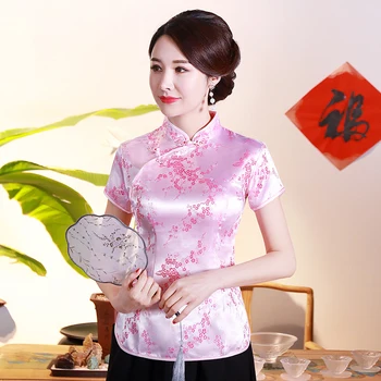 Rajon Ženske Bluzo Cvet Cheongsam-vrhovi Mandarin Ovratnik Tradicionalnih Kitajskih Oblačil Vintage Gumb Majica