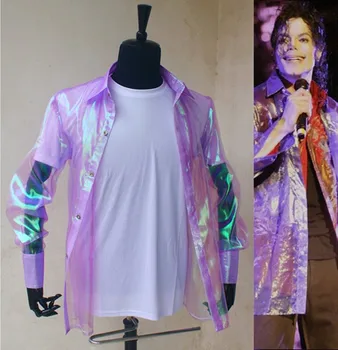 Redki PUNK Rock Priložnostne Klasičnih MJ mavrična vijolično svjetlucati organza gumb spredaj, To je majica Michael Jackson Kostum