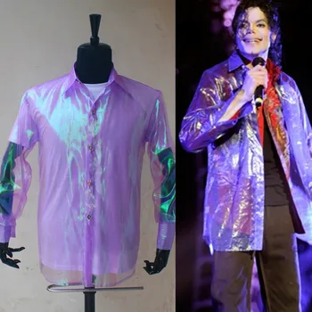 Redki PUNK Rock Priložnostne Klasičnih MJ mavrična vijolično svjetlucati organza gumb spredaj, To je majica Michael Jackson Kostum