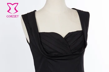 Retro Črno Bombaž brez Rokavov U-Vratu Naguban Oblazinjeni Skodelice Priložnostne Obleko Ženske Vintage Obleke Vestidos Mujer Vestidos de Verano