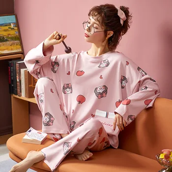 Risanka Tiskanja Pižamo za Ženske Bombaž Pijamas Mujer Invierno Sleepwear Plus Velikost Pyjama Femme Ete Domov Oblačila Pozimi Pižami