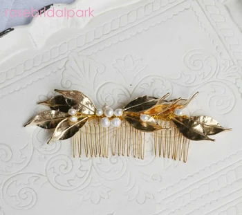 Rosebridalpark Moda za lase, glavniki sladkovodnih biser nakit za ženske listov headpieces poročne ornament, ročno izdelan poročni dodatki