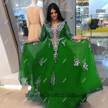 Royal Modra Maroški Tam Kaftan Večerne Obleke Pol Rokavi Appliques Arabski Pleat Muslimanskih Posebne Priložnosti Formalno Stranko Obleke