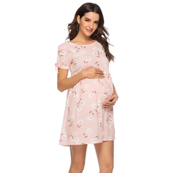 SAGACE Žensk, Porodniškega Bombaž Meša Kratek Rokav Cvjetnim Tiskanja Porodniškega Obleko Šifon Obleko z talasati ovratnik