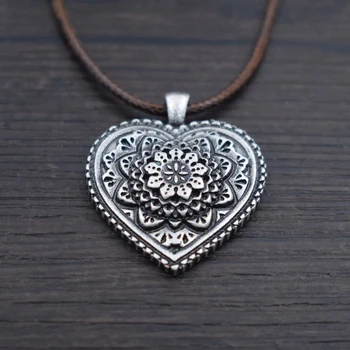 SanLan roža Obesek Srce Mandala Ogrlica z usnjenim verige, Obrtniški srce ogrlico, obesek