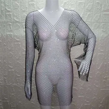 Seksi Dolg Rokav Obleka Nosorogovo ribja mreža Mini Obleka za Ženske Votlih Iz Pregleden Stranka Clubwear Obleke