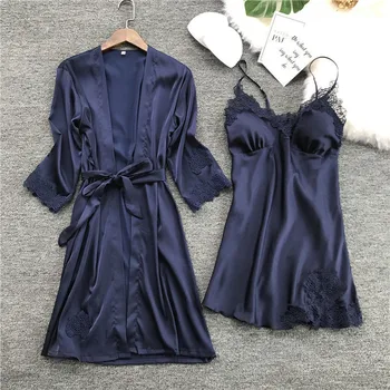 Seksi Spodnje Perilo, Ženske Saten Svila Čipke Robe Oblačenja Nightdress Sleepwear Kimono Pižame Rdeča Črna Modra Siva