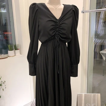 Seksi Vrvico Nabrano Obleko Za Ženske Jeseni Črna/Bež Draped Visoko Pasu Long Sleeve Vintage Obleke Moda Vestidos 2020