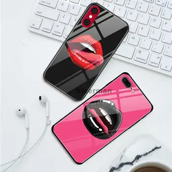 Seksi Češnjevo rdeče ustnice Primerih Za iPhone Mini 12 11 Pro X XS XR Max 7 8 Plus 6 6S SE 2020, Kaljeno Steklo, Črna mobilnega Telefona Coque