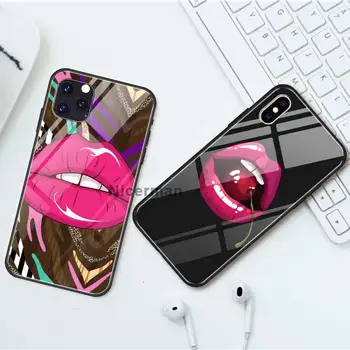 Seksi Češnjevo rdeče ustnice Primerih Za iPhone Mini 12 11 Pro X XS XR Max 7 8 Plus 6 6S SE 2020, Kaljeno Steklo, Črna mobilnega Telefona Coque
