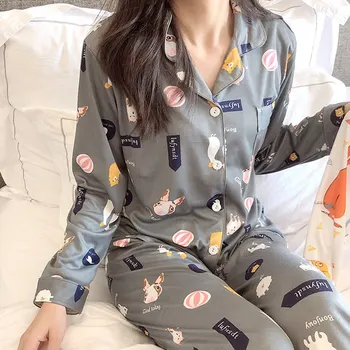 SFIT 2020 Jeseni Ženske Pižame Določa Srčkan Print Mode Luksuznih Ženskih Bombažne Majice+Hlače Dva Kosa Obleko Noč Sleepwear