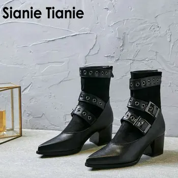 Sianie Tianie 2020 sponke traku ženska gleženj škornji stretch tkanina za ženske škornji blok visokih petah ženska zimske čevlje velikih velikosti 44 45