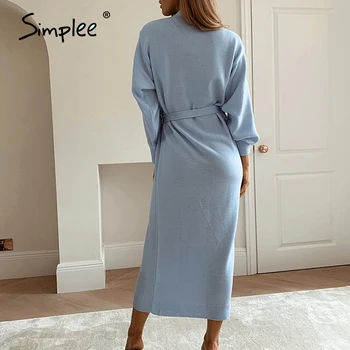 Simplee Priložnostne V-neck knitted obleka Ženske 4-barvni obleko Domov stil modni obleko Jeseni, pozimi nove ravne cevi obleko 2020