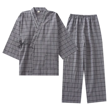 Siva kariran nightgown Japonski kimono pižamo moške bombažne gaze paro oblačila blagovne znamke oblikovalec nov prihod moški plašč kopalni plašč