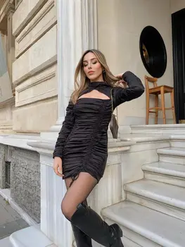 Siyah Büzgü Detay Elbise Kadın Ženske noše Bodycon Elbise Zarif Kadınlar 2 Bağlı boyun detaylı Mini Elbise