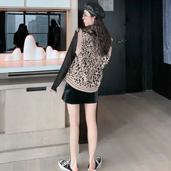 SLLSKY Leopard Pulover Pleten Brezrokavnik Ženske Priložnostne Letnik korejskem slogu Pulover Mehko brez Rokavov Proti-Vrat 2020 Pomlad Jesen Telovnik