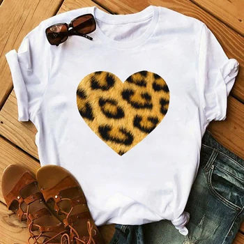 Smešno 2020 Ženske T Srajce Ljubezen Leopard Vzorcem Grafika, Tiskanje Ženski Top Obleke Lady Ženska Tee T-Shirt O Neck Majica S Kratkimi Rokavi Top