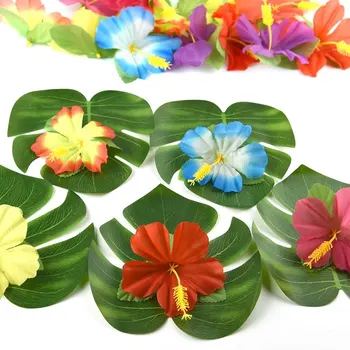 Smešno Tropskih Hawaiian Stranka Dekoracijo Komplet z Svile Cvetov hibiskusa Palmovih Listov Ananas Mini Dežnik Cupcake Toppers
