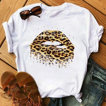 Smešno Velike Ustnice Leopard Tiskanja Vrhu Ženski Tshirt Harajuku O-vratu Ulične Tees Kratke Obleke 2020 Moda za Ženske majice