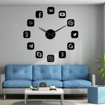 Socialni Mediji Simboli DIY Wall Art Velikan Stenske Ure Urad College Domu Dekor 3D brez okvirjev Ikone Stenske Ure Darila za Najstnike
