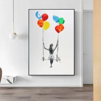 Sodobni Umetnosti Pisani Balon Swing Abstraktno Sliko Dekor Platno Slikarstvo Plakatov In Fotografij Dekle Swing Wall Art Okras