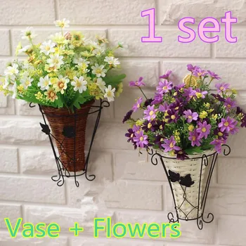 Srčkan 1 nastavite PE shranjevanje rattan vaza + cvetje Daisy umetne rože nastavite svile cvetja doma okras, Darilo za Rojstni dan