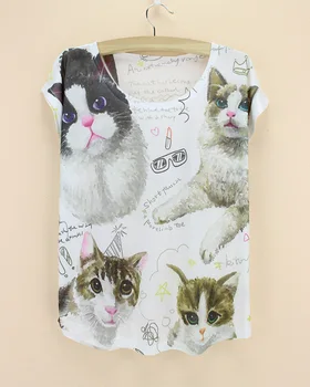 Srčkan mačke vzorec žensk tshirt novost natisnjeni t-shirt dekleta poletje tee vrh tees nizka cena, visoka kakovost brezplačna dostava