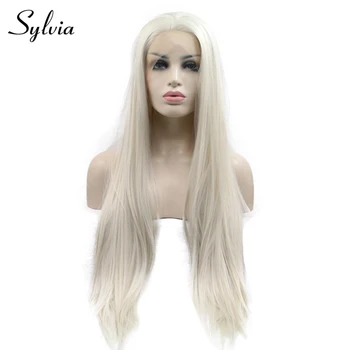 Sylvia #60 Blondinka Belih Sintetičnih Čipke Spredaj Lasulje Srednjem Delu Dolgo Svilnato Naravnost Toploto Odporna Vlakna, Las Za Ženske