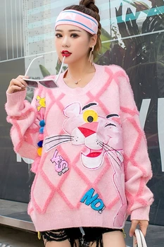 Tajska plima blagovno znamko dame pleteni pulover roza pulover ženske risanka sequined neto ir obrabe ohlapen pulover tassel
